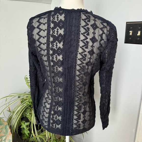 Rebecca Taylor Navy Sheer Silk Lace Split V-Neck Blouse size 2 Romantic Coquette - Picture 2 of 9